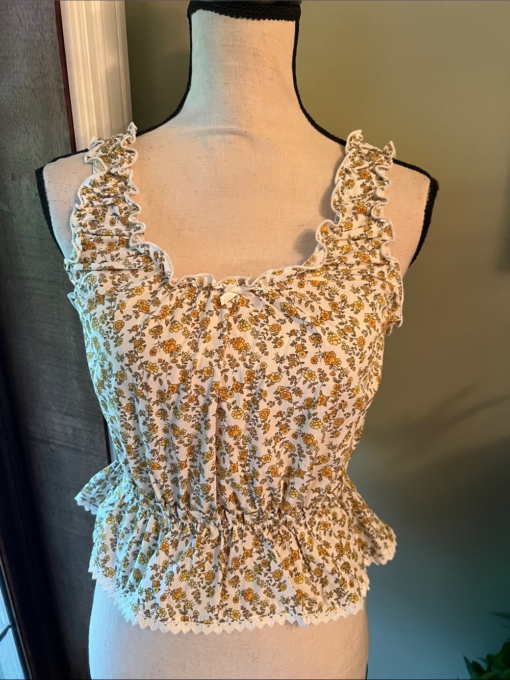 Floral Ruffle Tank Top - White and Mustard